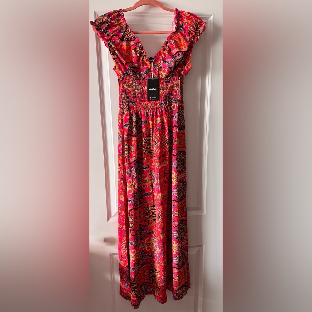 Vibrant Pink Patterned Midi Dress